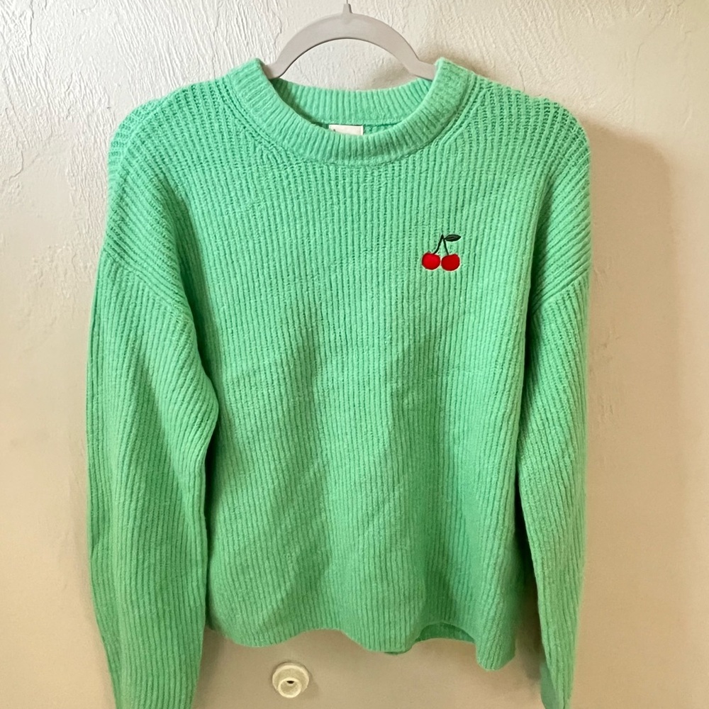 A New Day NWOT Green Sweater with Cherry Embroidery Classic Preppy Cherry Girl